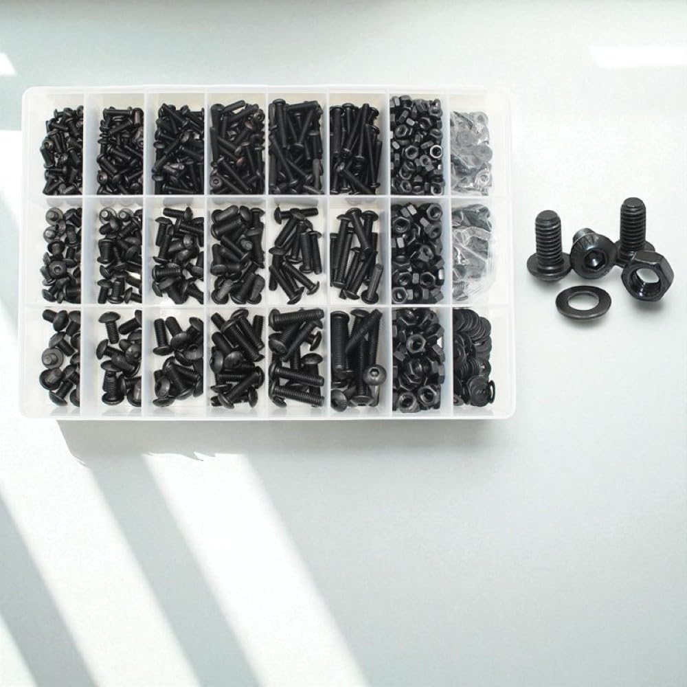 Hex Button Socket Head Cap Screw Set, .5' Black 10.9 Grade Allen Round Head UNC Bolts with Nuts and Washers Assortment - (Color: 1270Pcs M3-M5)