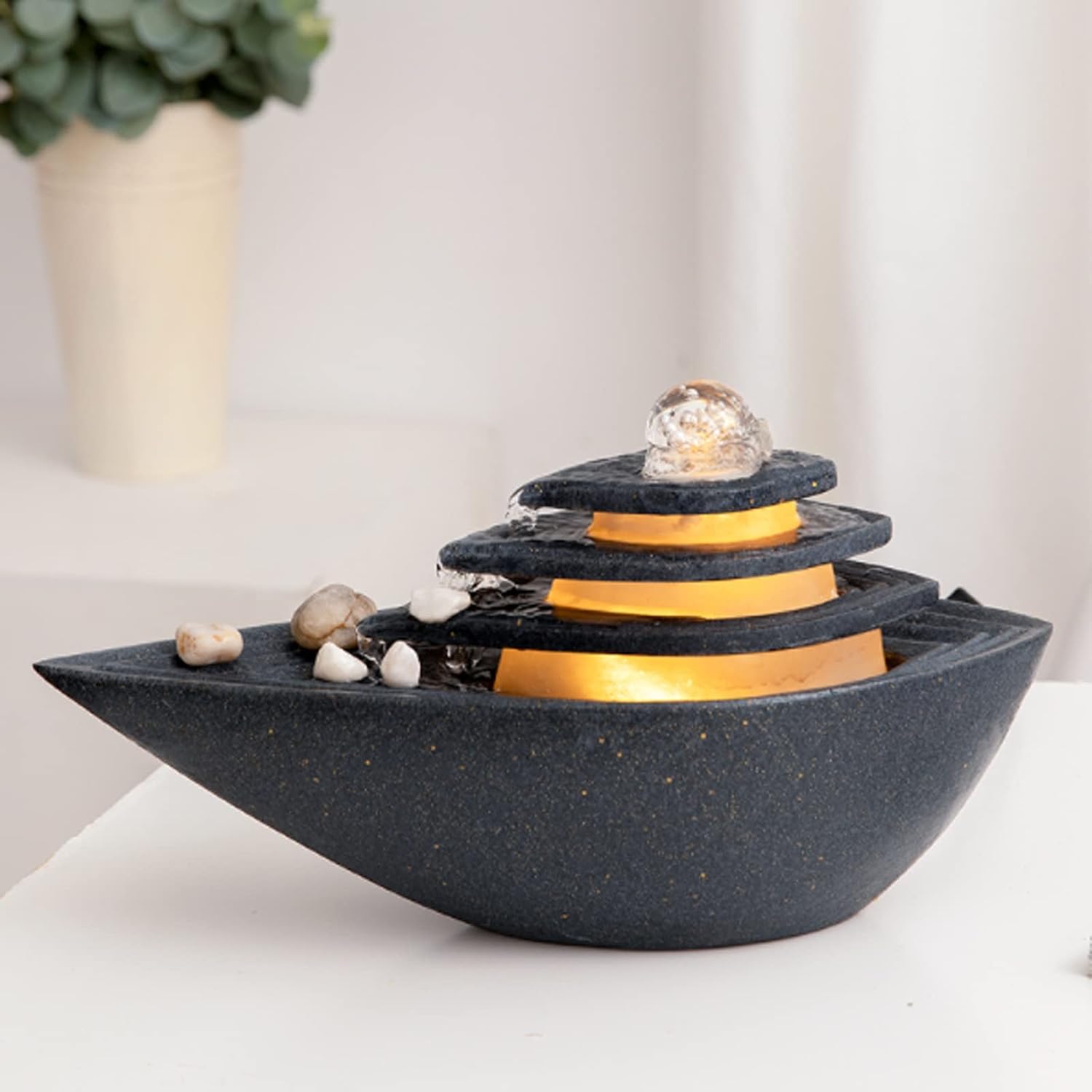 Indoor Fountain Black Indoor Tabletop Water Fountain with LED Lights Rolling Ball Relaxation Tabletop Fountain Waterfall Home Decor Table Centerpiece, Small Desktop Size Tabletop cor