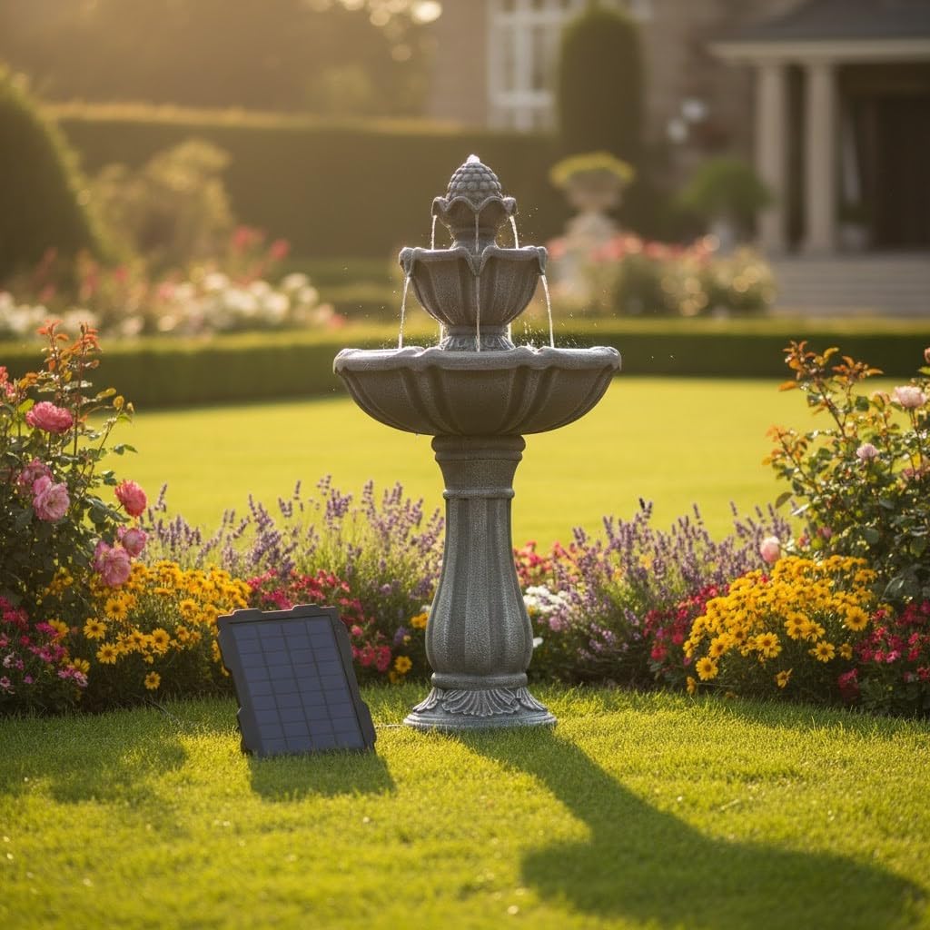 XBrand 36.2' Solar Powered 2-Tier Outdoor Water Fountain, Resin Fountain with Solar Panel Pump, Gray
