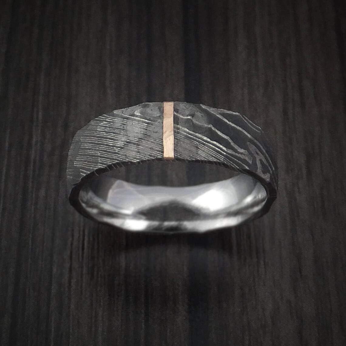 Damascus KE-207-AT Steel Ring Custom and Handmade Ring Hammer Finish Vertical Copper Inlay Steel Fathers Day Ring Wedding Band Rings (Color Might be Slightly Different)