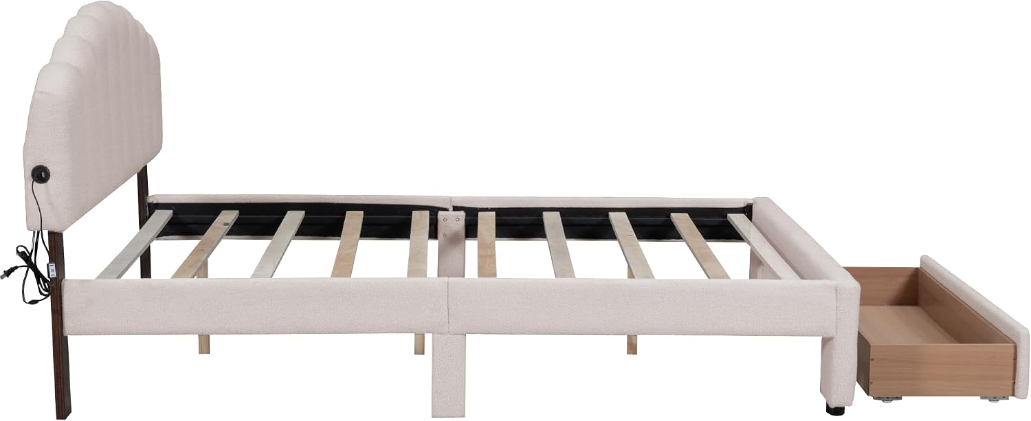 KLMM Chic Teddy Fleece Queen Size Upholstered Platform Bed with Drawer,LED Lights and 2 USB Ports,for Kids Teens Adults Bedroom Use (Beige@Drawer, Queen)