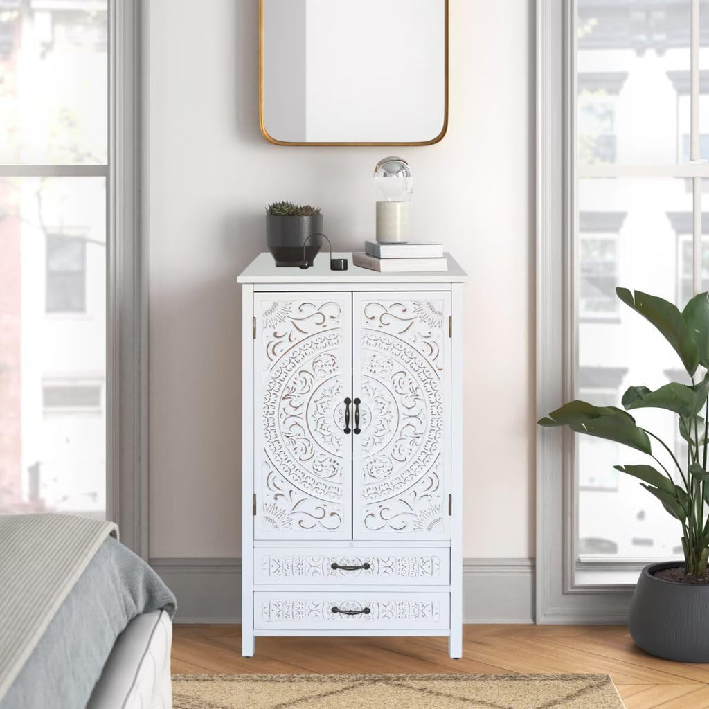 JIJIWANG 27'' Accent Tall Tower White Storage Cabinet - Rustic Wood Sideboard Pantry Cabinet with Storage for Home Decor and Organization Chic Cabinets with Two Doors and Two Drawers