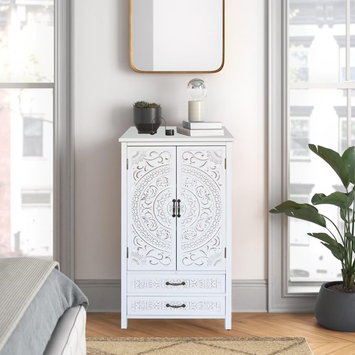 JIJIWANG 27'' Accent Tall Tower White Storage Cabinet - Rustic Wood Sideboard Pantry Cabinet with Storage for Home Decor and Organization Chic Cabinets with Two Doors and Two Drawers