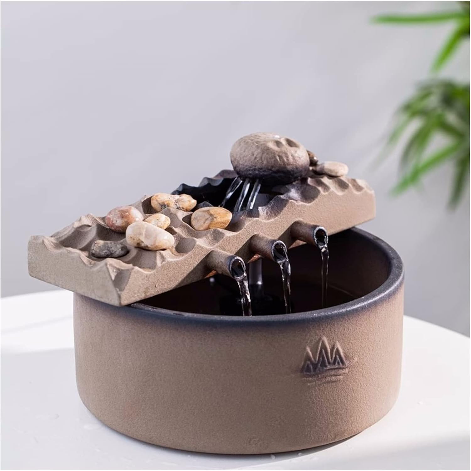 WAOCEO Tabletop Fountain Tabletop Fountain Waterfall Fountain Office Ceramic Tabletop Fountains for Home Office Decor Includes Water Mist Machine and Pump Water Fountain