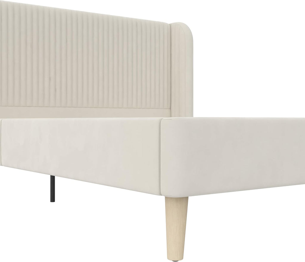 Novogratz Holly Upholstered Wingback Bed Frame, Queen, Ivory Velvet