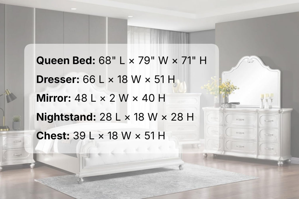 First of a Kind Roma Silver Finish Traditional 5 Piece Queen Bedroom Set with Upholstered Tufted Headboard Classic European Style Coordinated Furniture Collection