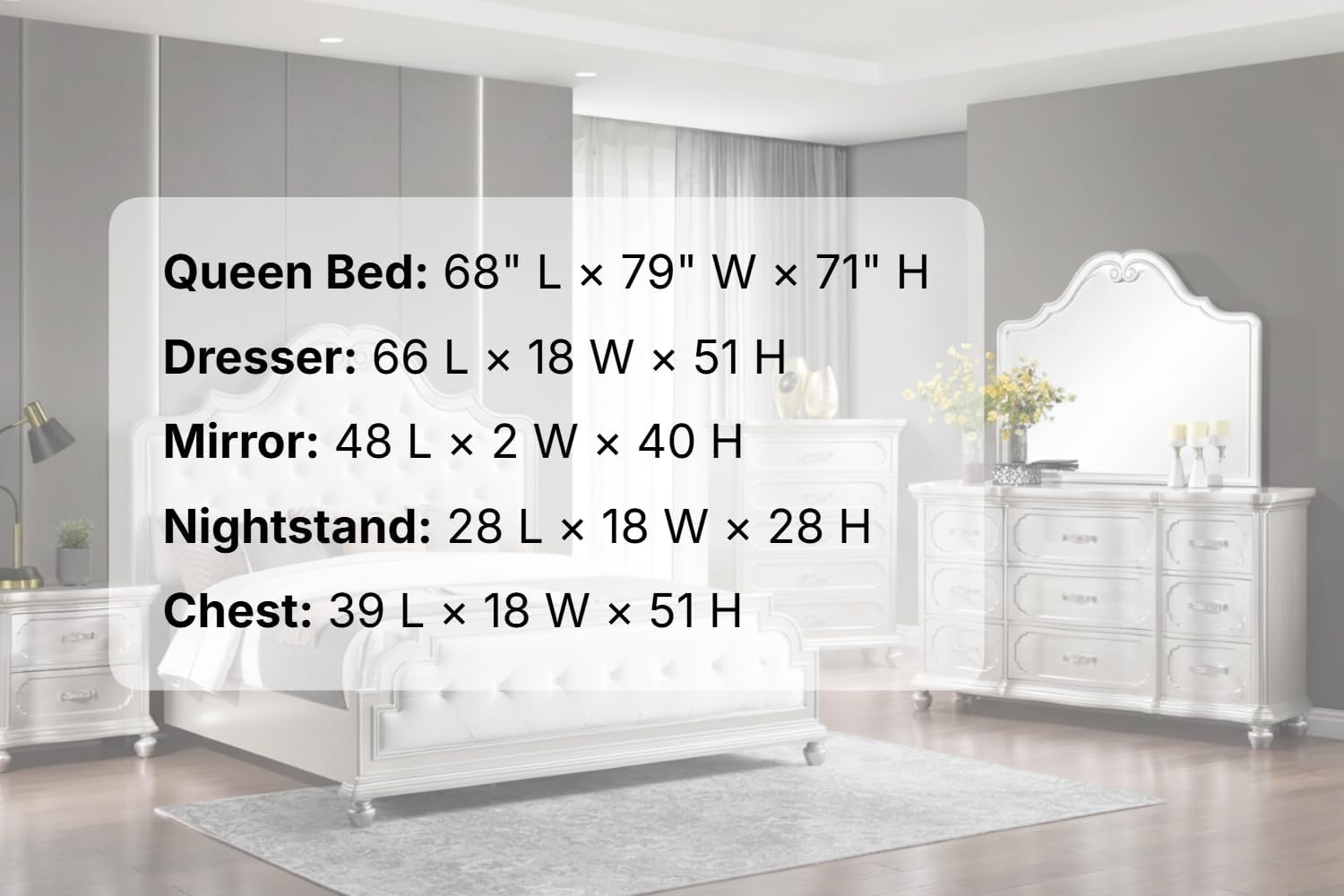 First of a Kind Roma Silver Finish Traditional 5 Piece Queen Bedroom Set with Upholstered Tufted Headboard Classic European Style Coordinated Furniture Collection
