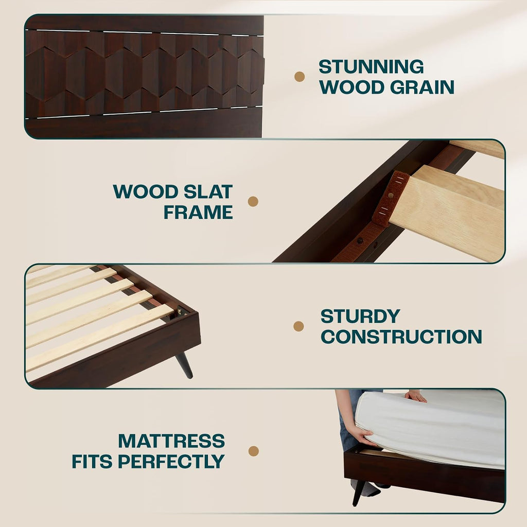Bme Georgina Signature Bed Frame with Handcrafted Geometric Headboard, Mid Century Modern, Solid Acacia Wood, No Box Spring Needed, 12 Strong Wood Slats Support, Easy Assembly, Walnut, King