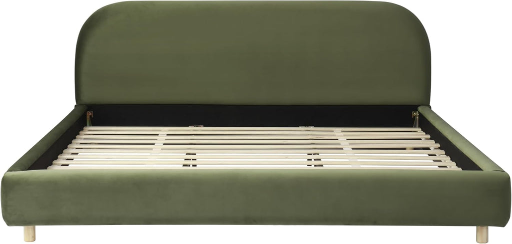 King Size Platform Bed with Curve-Shaped Design Headboard, Velvet Fabric Upholstered Platform Bed with Strong Support, Modern Bed Frame, No Box Spring Needed, Easy Assembly (Olive Green,King,8)