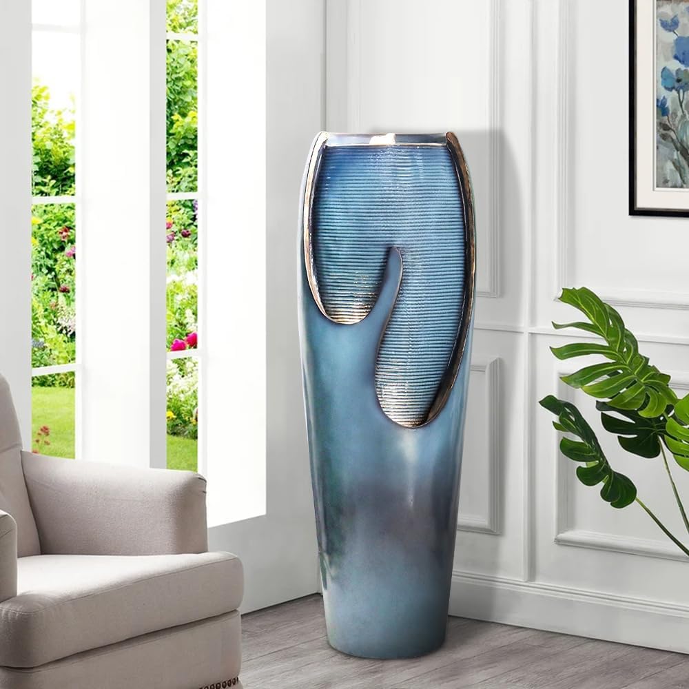 watnature 38.7'Tall Outdoor Water Fountains and Waterfalls - Indoor Water Urn Fountain, Modern Floor Standing Water Fountains with LED Lights and Pump for Garden, Patio, House Decor