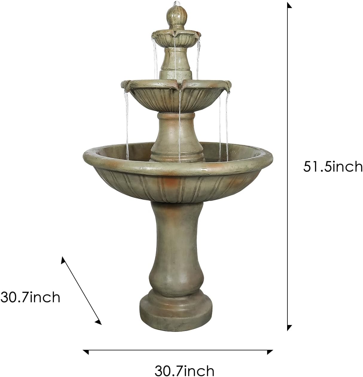 51.5' H Freestanding Outdoor Water Fountain – Stone-Look Weather-Resistant Easy Setup Classic 3-Tier Garden Feature with Electric Pump for Patios, Yards & Courtyards