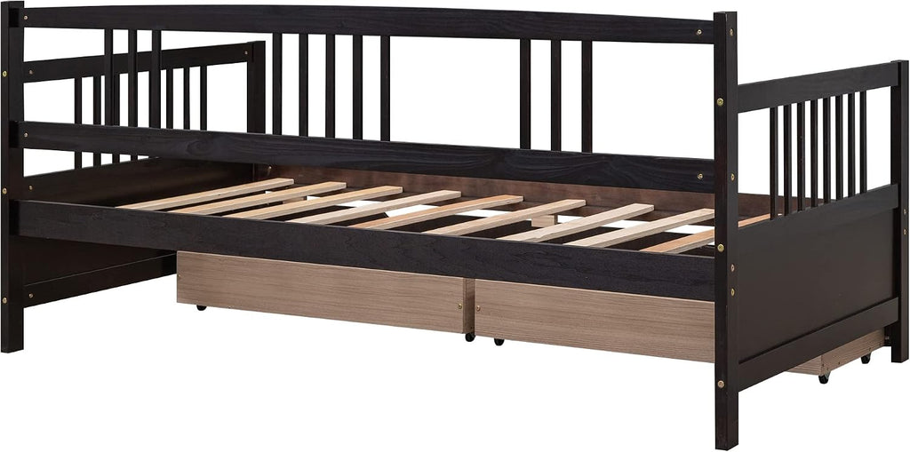 Merax Daybed Bed Wooden Slats Support Modern Living Daybed with Rails (Twin with Drawers, Espresso)