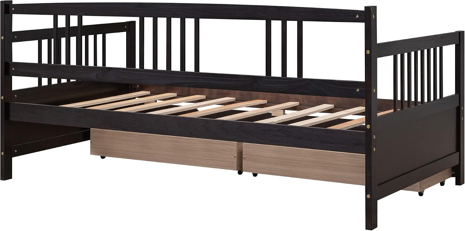 Merax Daybed Bed Wooden Slats Support Modern Living Daybed with Rails (Twin with Drawers, Espresso)