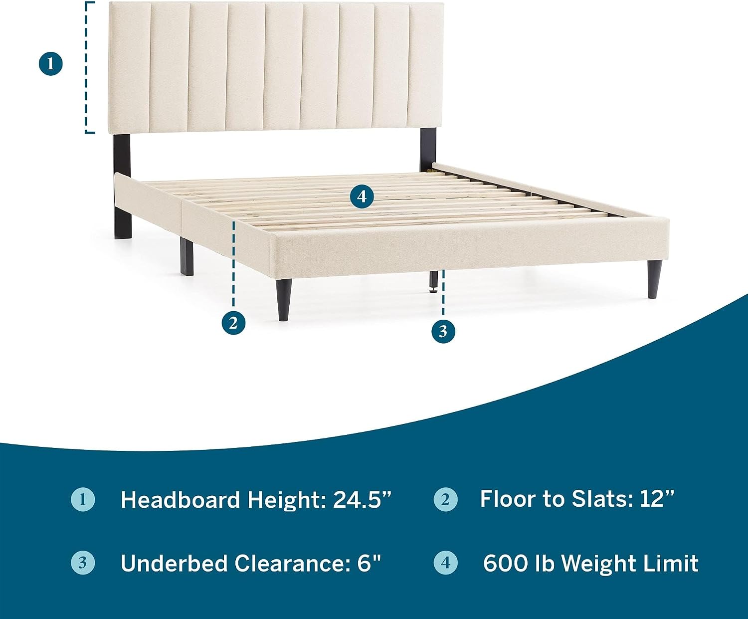 Lucid Twin Bedframe with Vertical Channeled Headboard — Upholstered Platform Bed — Easy Assembly — Twin Size — No Box Spring Needed — Pearl Color