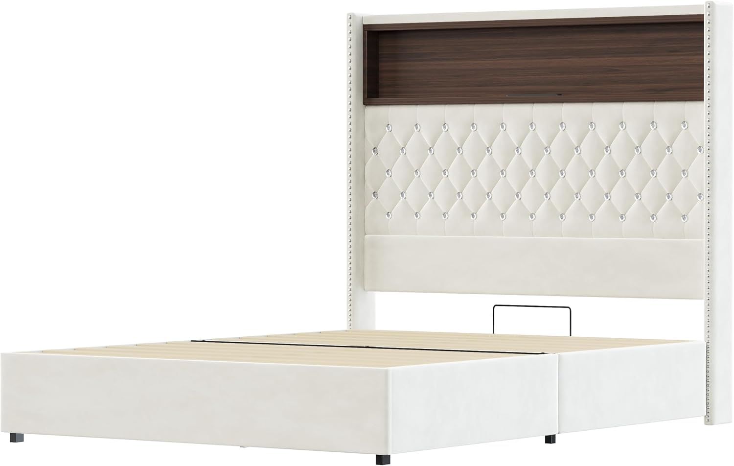 JIVOIT Full Size Bed Frame with Storage, Velvet Tufted Soft Bed Frame with 52'' High Headboard with Rivet Decoration, Wing-Back Platform Bed with Headboard Shelf, No Box Spring Needed (Beige,Full,42)