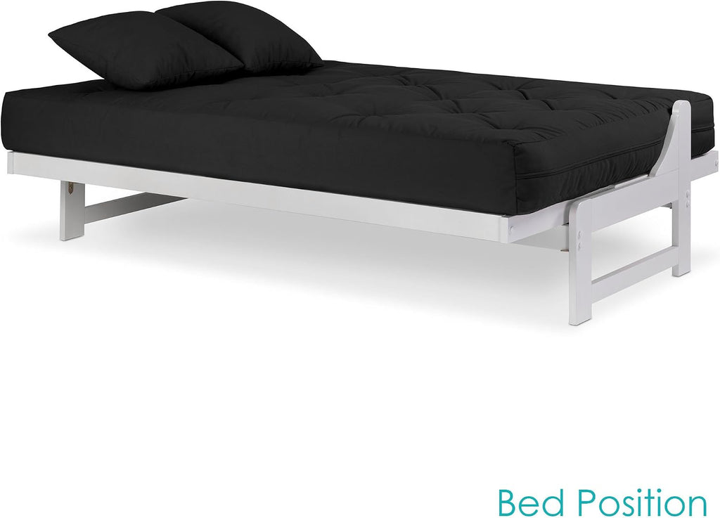 Nirvana Futons Arden White Futon Set Queen Size - Armless Futon Frame with Mattress Included (Twill Black), Space Saving Modern Sofa Bed Sleeper