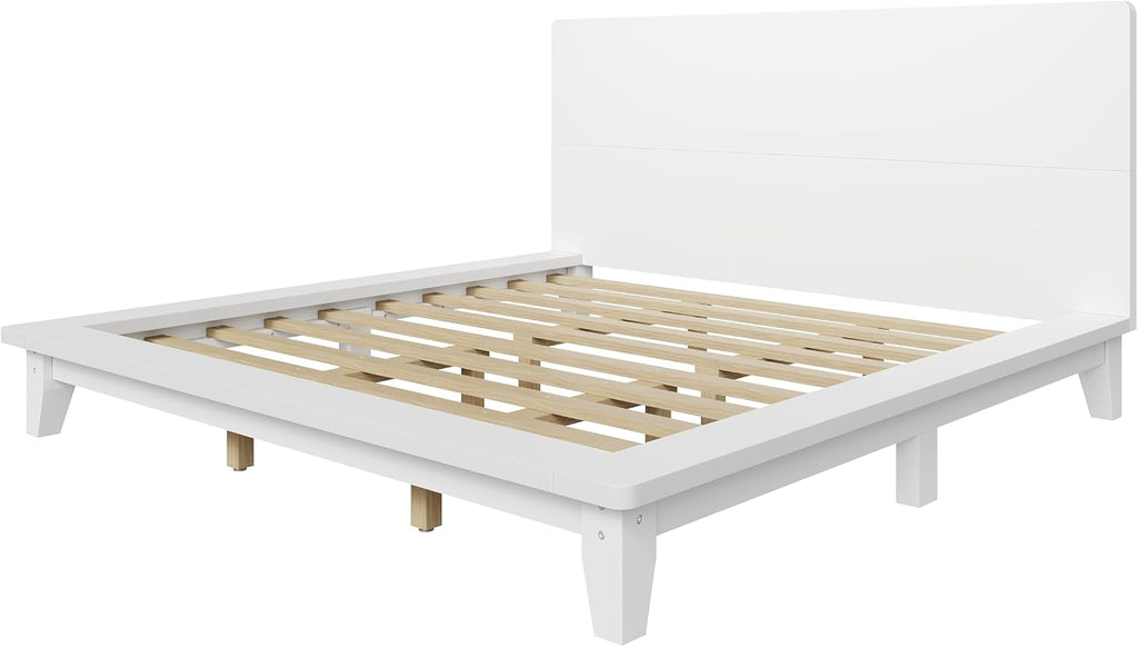 Merax King Size Solid Wood Platform Bed Frame, Modern Comfortable with Headboard, Slat Support, No Box Spring Needed, White