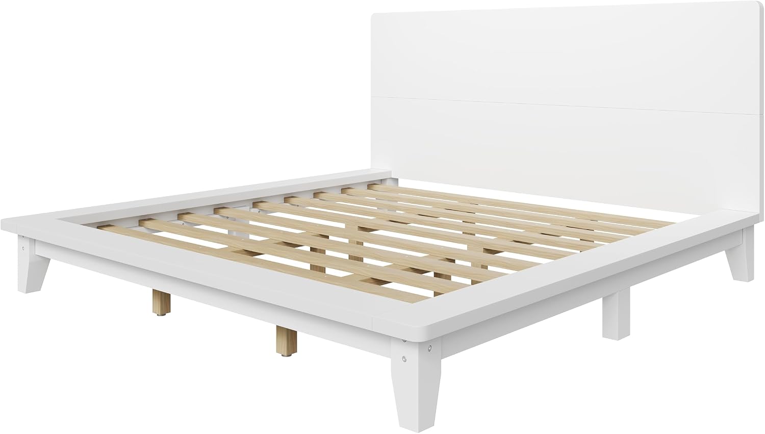 Merax King Size Solid Wood Platform Bed Frame, Modern Comfortable with Headboard, Slat Support, No Box Spring Needed, White