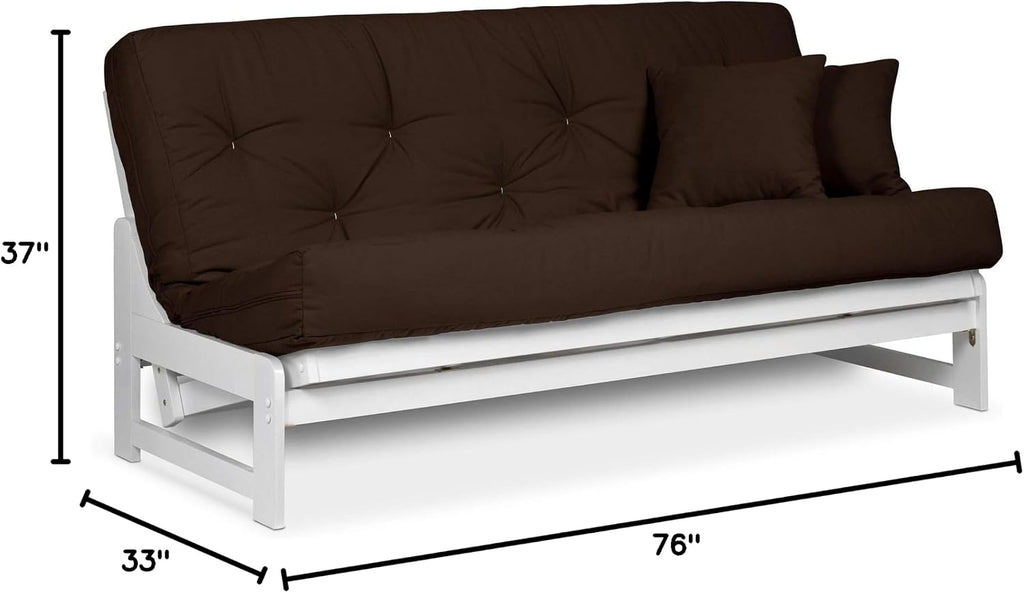Nirvana Futons Arden White Futon Set Full or Queen Size - Armless Wood Futon Frame with Mattress (Microfiber Sussex Fudge), Space Saving Modern Sofa Bed Sleeper