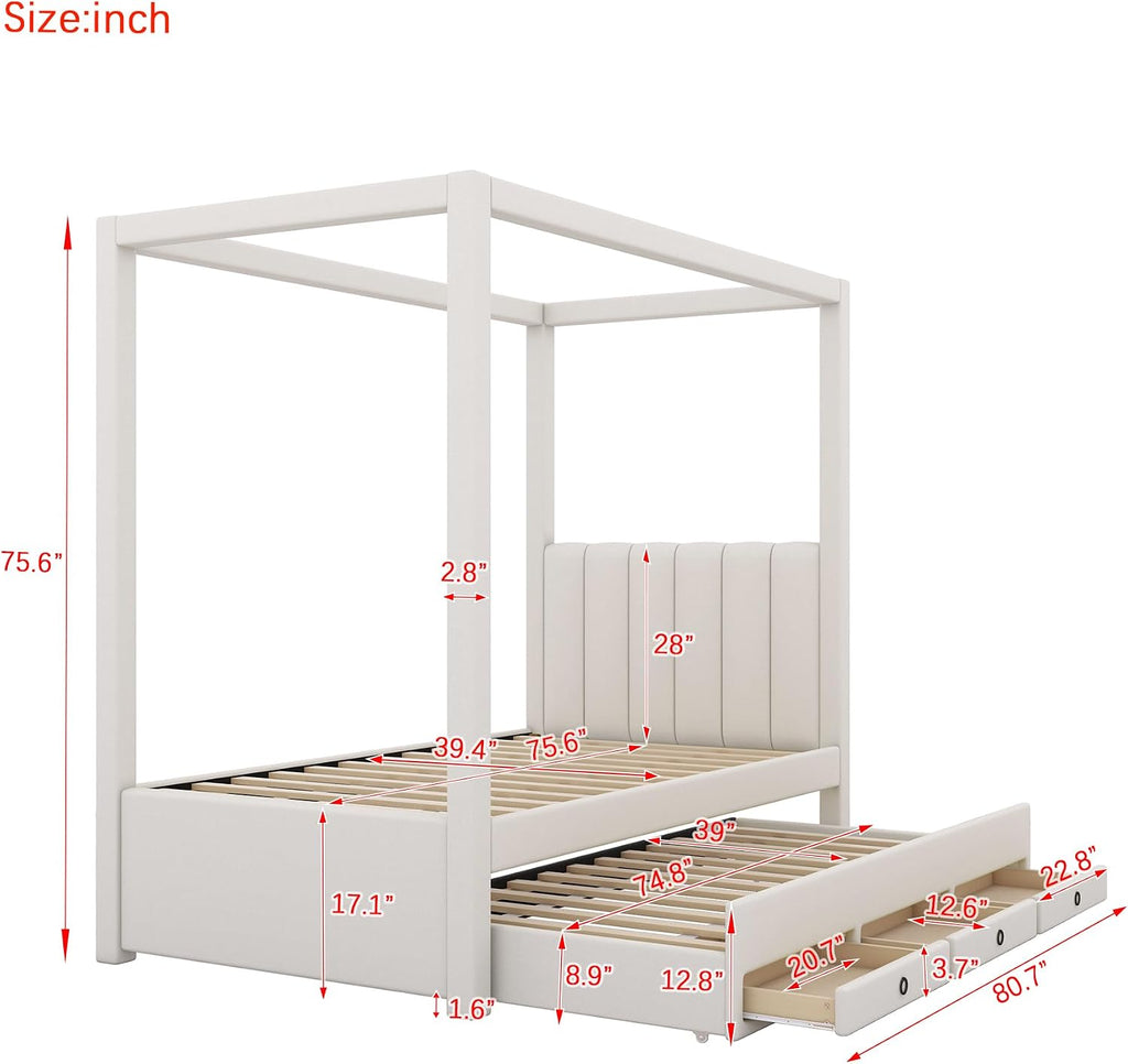 Modern Twin Size Upholstery Canopy Platform Bed with Trundle and 3 Storage Drawers, Twin Size Linen Storage Platform Bed with Backrest and Wood Slat Support for Kids and Teens (Beige, Twin)