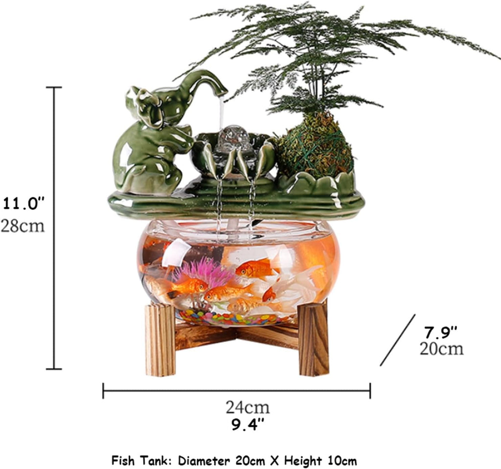 Ceramic Lucky Elephant Indoor Waterfall Fountain Aquarium Indoor Feng Shui Zen Decor Tabletop Water Fountain Glass Fish Tank for Home(Grey)