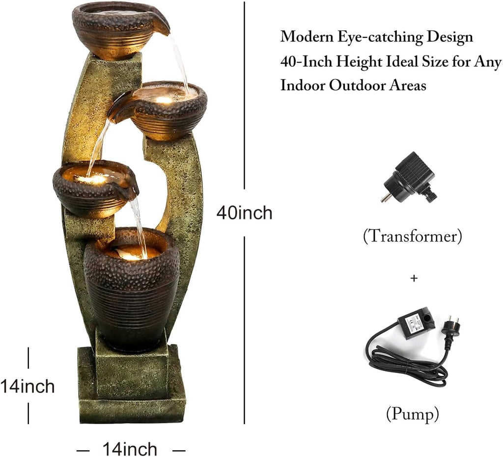 40' H Modern Outdoor Fountain - 4 Crocks Outdoor Garden Fountains with Contemporary Design for Garden, Patio, Deck, Porch, Backyard and Home Art Decor