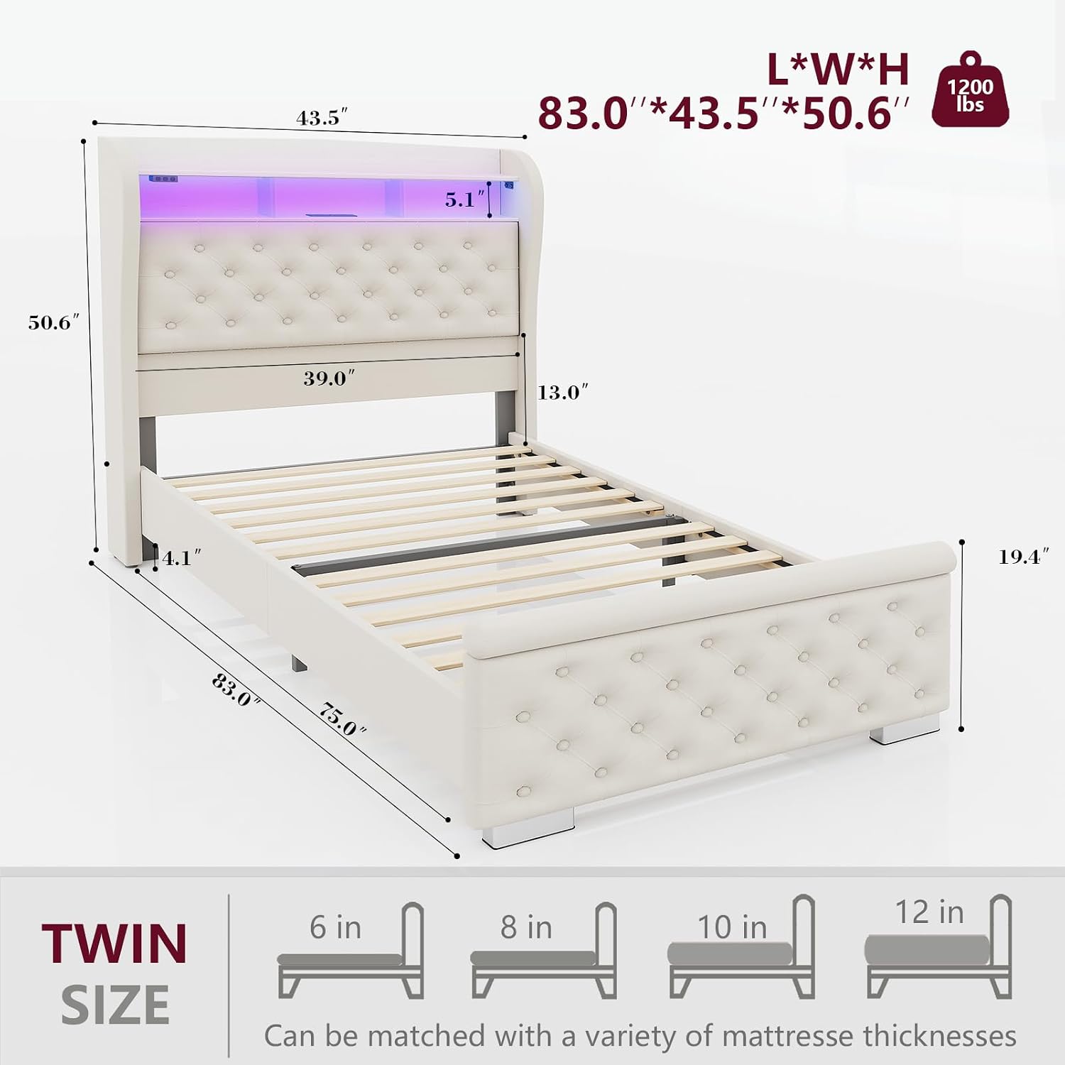 ROCHECASA Bed Frame with Storage and Charging Station, 50.6' Tall Velvet Upholstered Sleigh Bed with Wingback Bookcase Headboard with LED Light, No Box Spring Needed, Easy Assemble, Twin, Cream