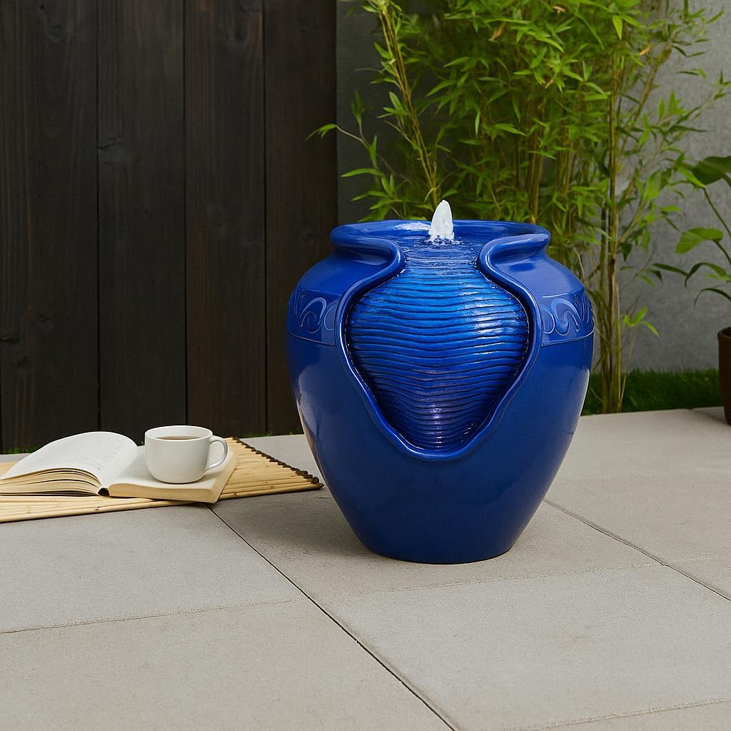 Teamson Home Outdoor Water Fountain, Glazed Pot Ceramic Look with LED Lights & Pump, Royal Blue, 16.93' Patio Garden Water Feature, Cascading Zen Fountain for Backyard, Porch, Deck, Home Decor