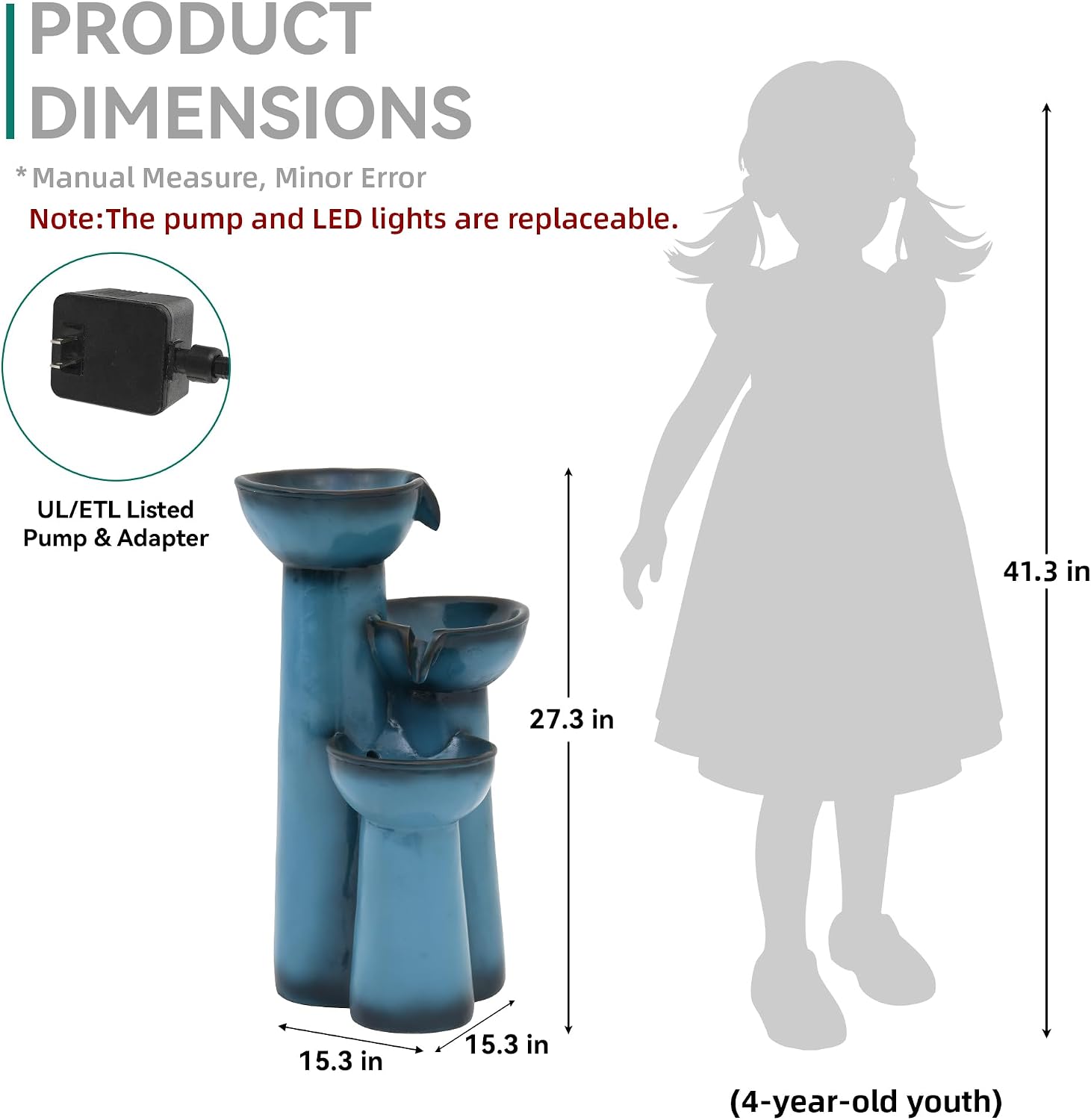 27' Outdoor Water Fountain with LED Lights, 3-Tier Cascading Faux Ceramic Column Water Feature with Pump for Garden Patio Backyard, Weather-Resistant Resin Waterfall for Serene Oasis, Blue