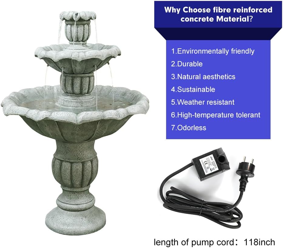 SunJet 39.3' High Modern Concrete Outdoor Water Fountain - 3 Tiered Large Floor Water Fountain and Waterfalls with Electric Pump for Garden, Patio, Yard, and Deck Decor, Featuring Natural Stone Look
