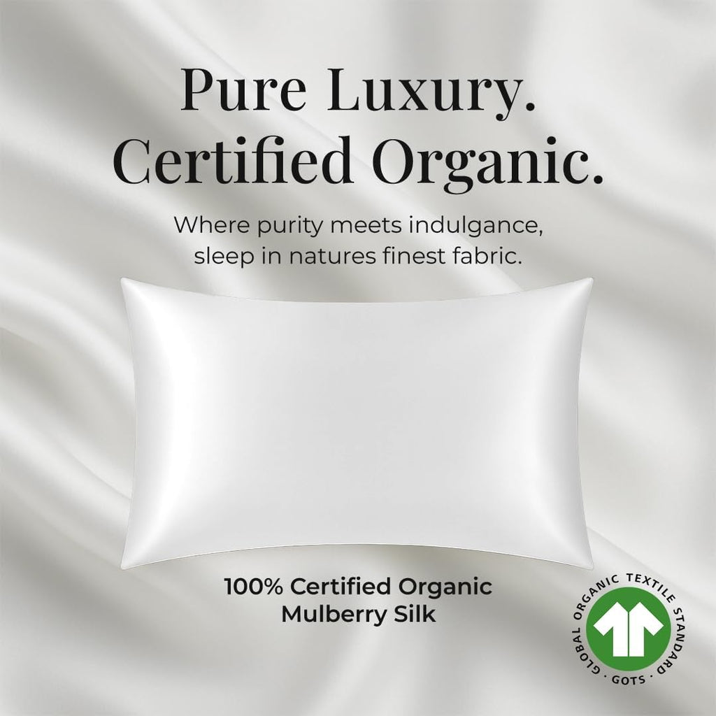 Pure Organic Silk Pillowcase Certified Organic 100% Pure Mulberry Silk Pillowcase 25 Momme Pillowcase (Ivory, Standard, Pack of 2)
