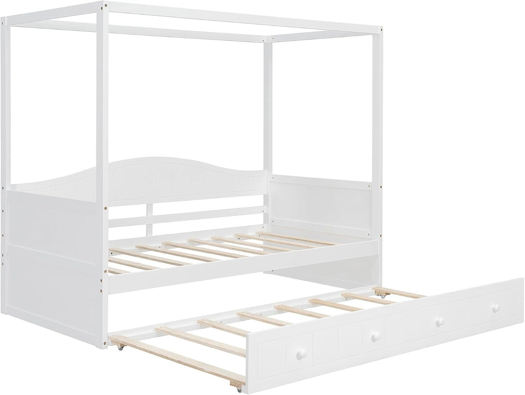 Harper & Bright Designs Twin Size Canopy Day Bed with Twin Size Trundle, White