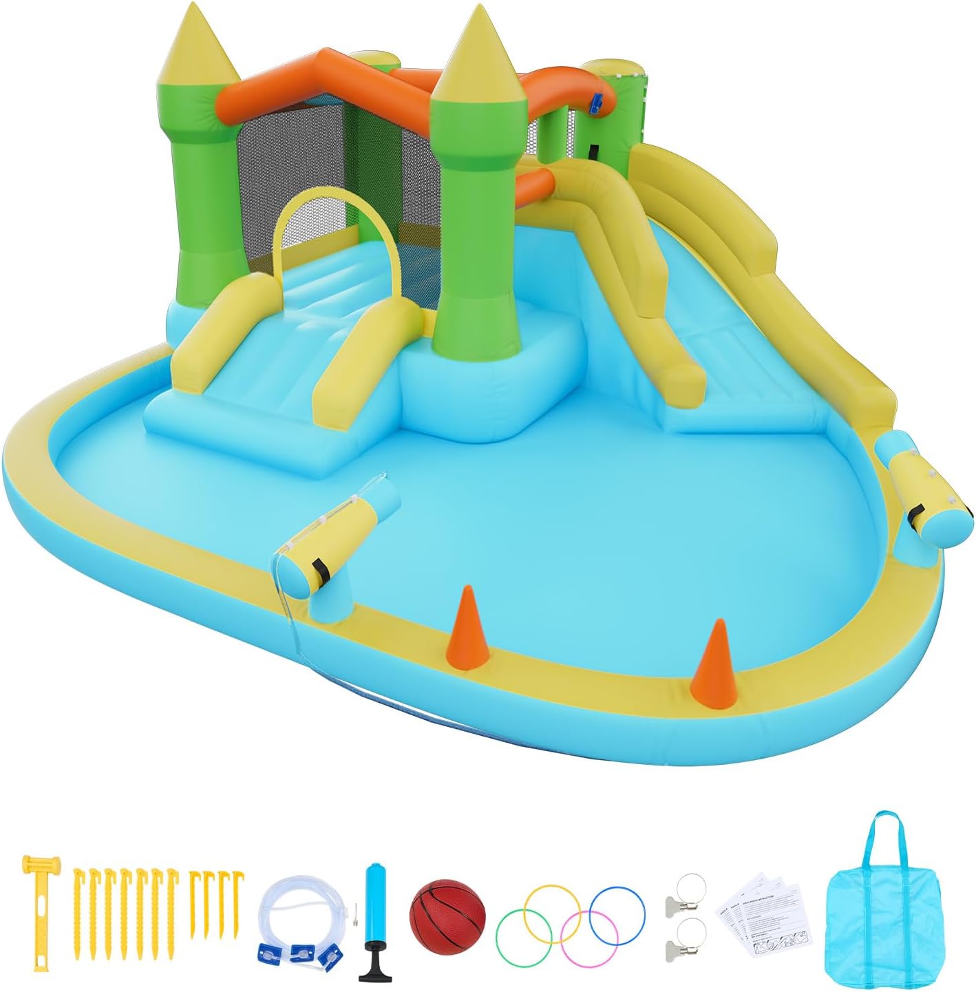 VEVOR Bounce House for Kids, Inflatable Bounce House with Air Blower, Water Slide, Bouncer Castle with Castle Bounces, Basketball Hoop, Splash Pool & Water Ring Toss, for 3 to 4 Kids Ages 3 to 8