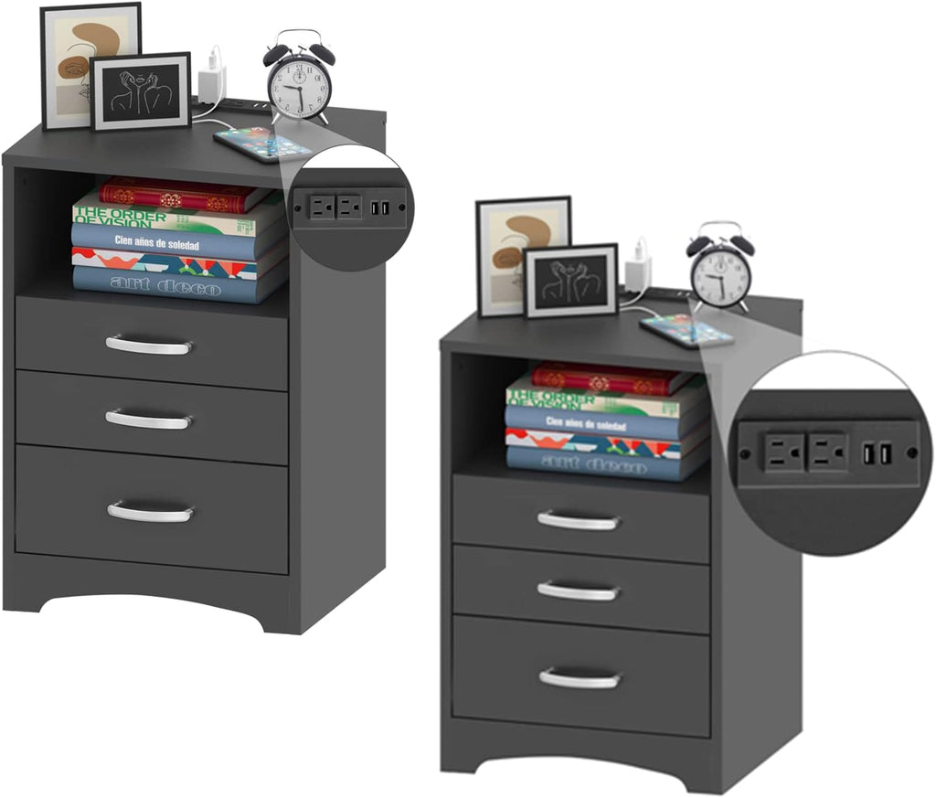 Black Nightstand Set of 2, 3 Drawer Nightstand with Charging Station Side Table with Open Storage Bedside End Table NightStands Storage Cabinet for Bedroom