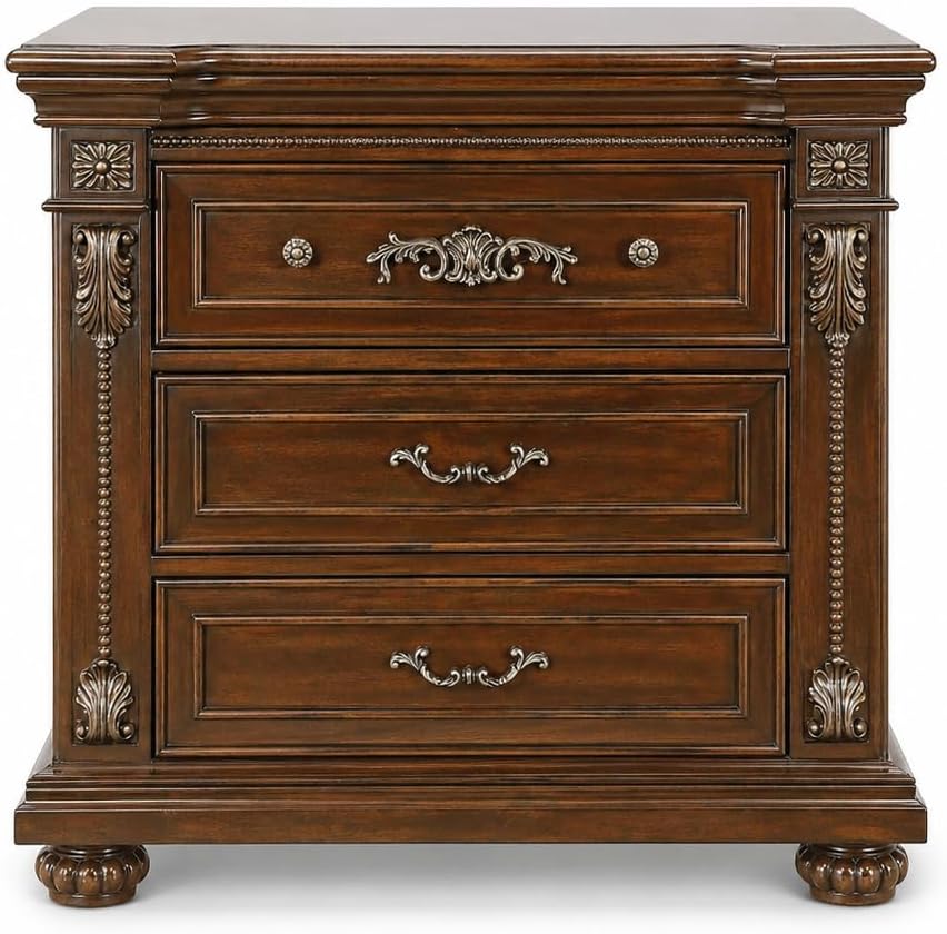 First of a Kind Nightstand Traditional Wood Bedside Table Cherry Oak Finish Classic European Design Bedroom Nightstand Elegant Coordinated Furniture Piece for Traditional Interiors