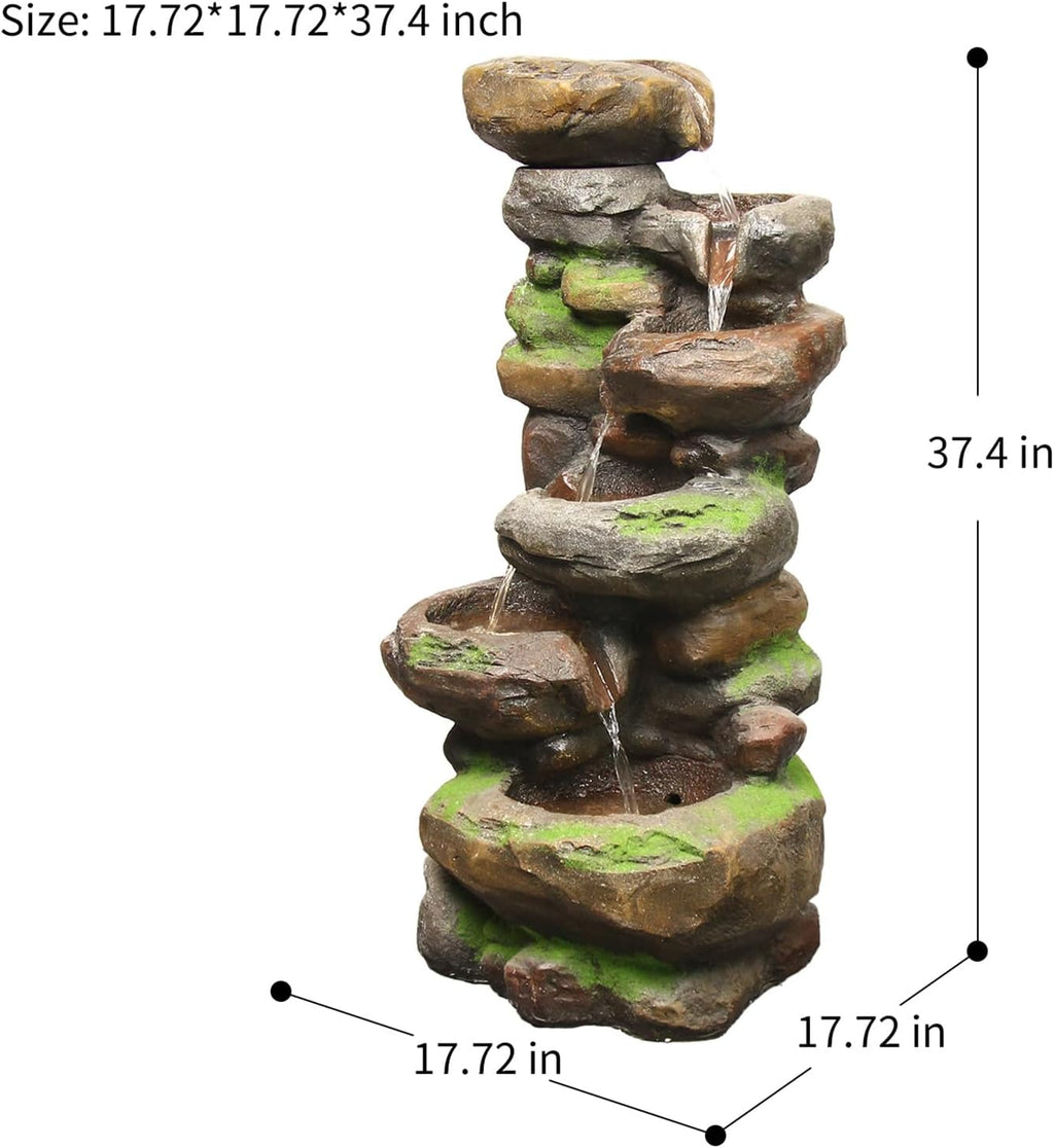 YZM 37.4' H 6-Tiers Cascading Rock Outdoor Water Fountain with LED Lights Outdoor Fountains and Waterfalls for Garden Patio Yard Deck Decor with Natural Stone Look