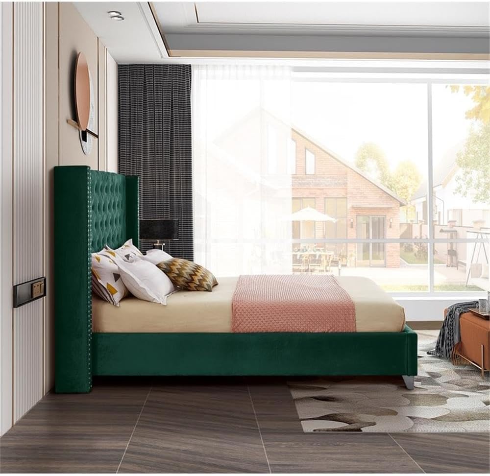 Meridian Furniture Aiden Collection Modern | Contemporary Velvet Upholstered Bed with Deep Button Tufting, Solid Wood Frame, and Custom Chrome Legs, King, Green