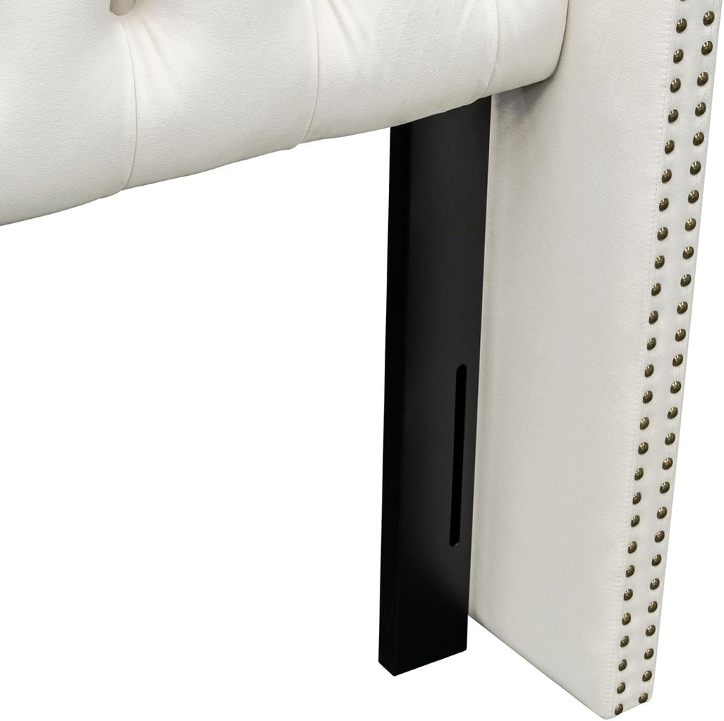 Madison Park Amelia Headboard Queen Wingback Upholstered - Hand-Tufted Button Detail, Double Nailhead Trim, Foam-Padded Durable Fabric, Adjustable Fit for Classic Bedrooms-Beige Velvet