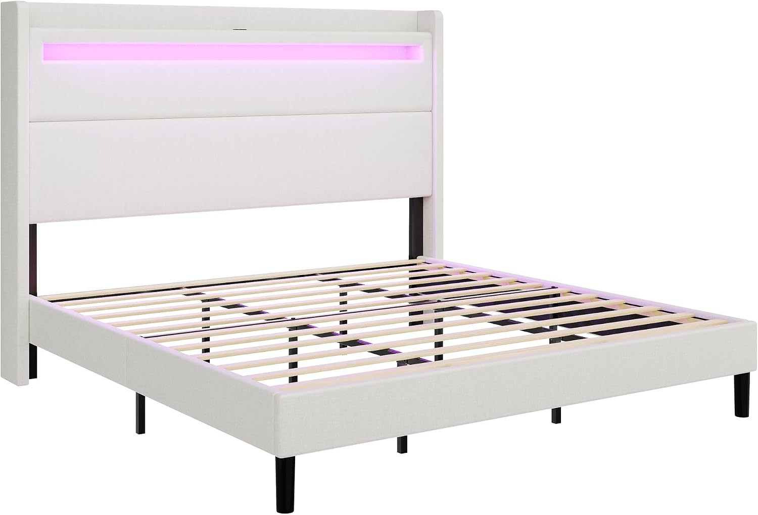 AMERLIFE King Bed Frame with LED Lights & Wingback Headboard, Upholstered Platform Bed with USB & USB-C Ports, No Box Spring Needed/Noise Free/White
