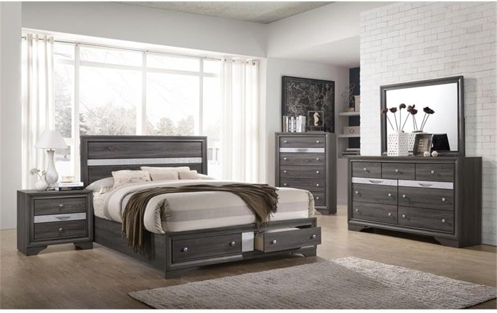 Matrix Traditional Style Queen 5 PC Storage Bedroom Set in Gray Made with Wood