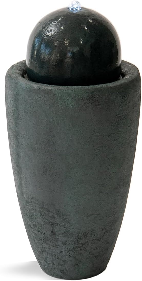 XBrand 25.98' Modern Sphere Water Fountain with LED Light – Indoor Outdoor Stone Texture Floor Fountain, Zen Bubbling Ball Water Feature for Garden Patio Porch - Dark Green