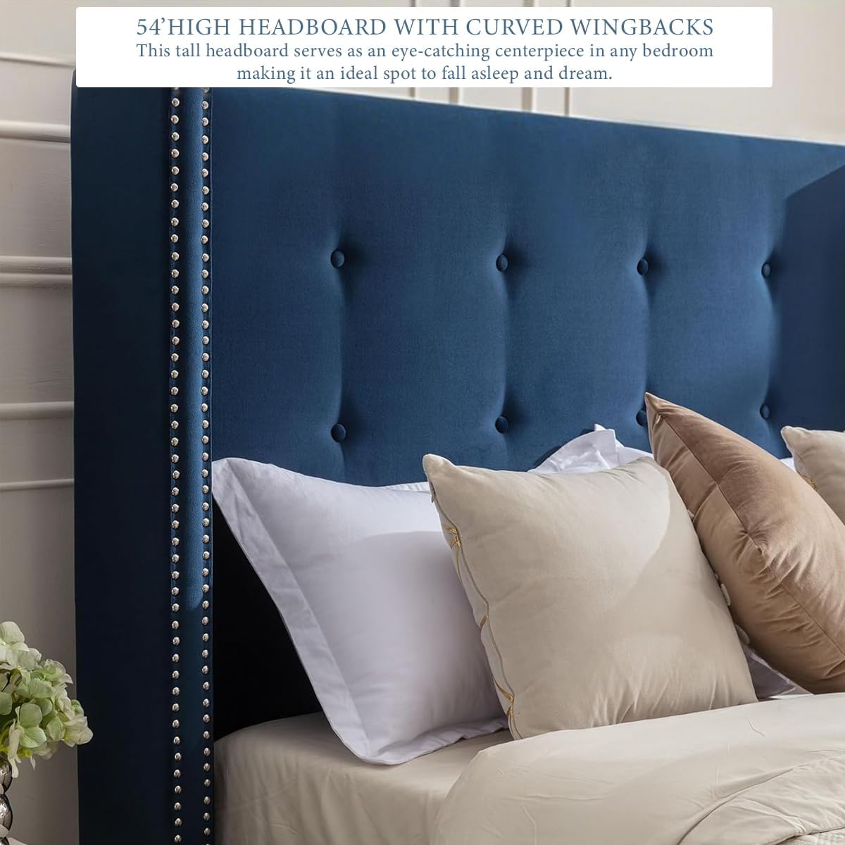 Queen Size Bed Frame,54'High Headboard Button Tufted Nailhead Trimmed Backrest Headboard,Velvet Metal Upholstered Platform Bed Frame,Wooden Slats Provide Strong Support,No Springs Required,Blue