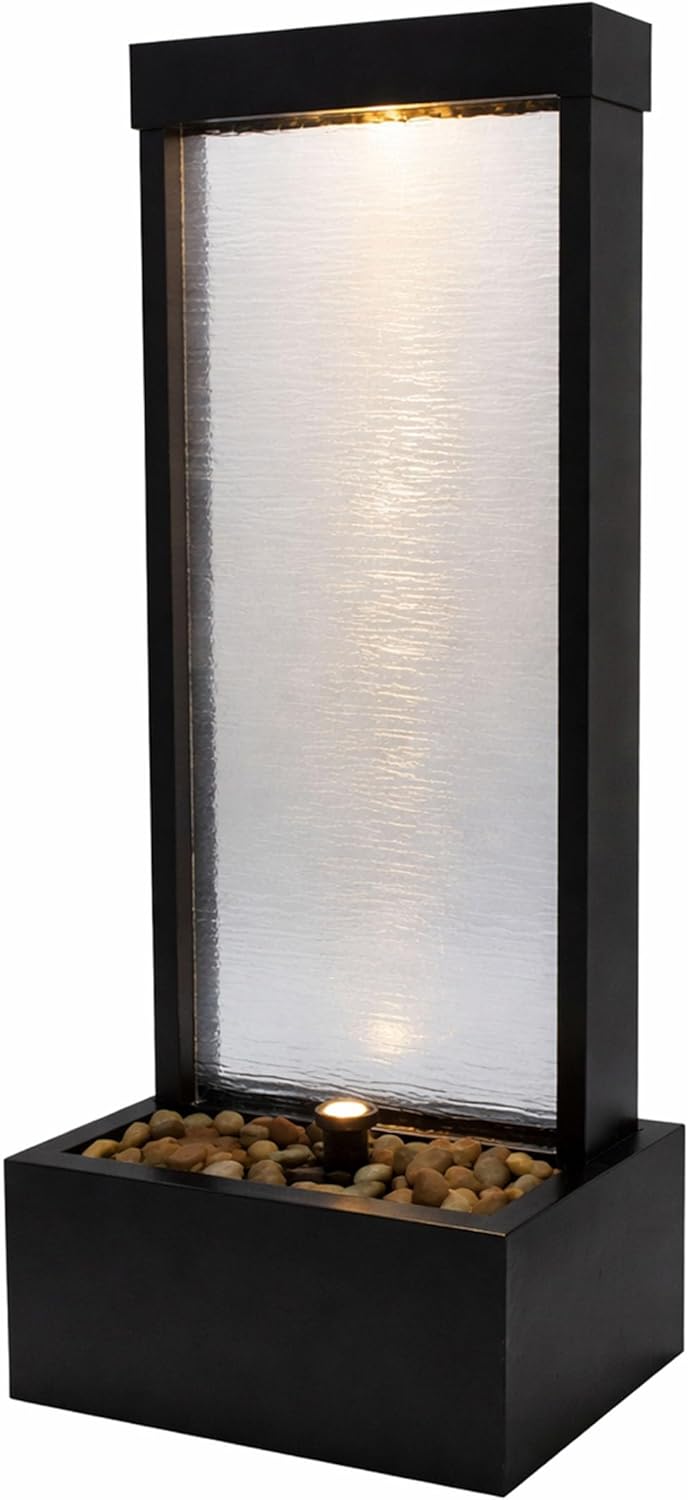 Alpine Corporation MLT170S 48' Indoor Outdoor Waterfall Fountain with LED Light Modern Glass & Aluminum Black Wall Water Feature for Home, Patio, Garden Décor Soothing Cascading Indoor Water Fountain