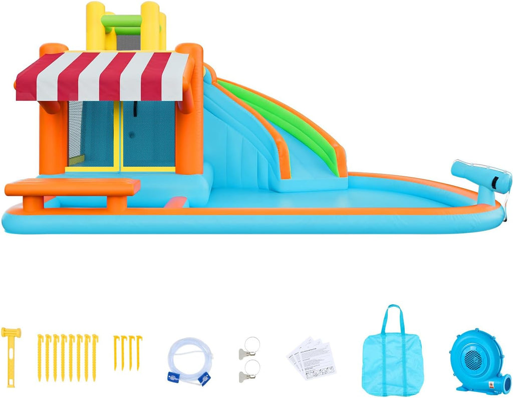 VEVOR Inflatable Pretend Market Bounce House with Blower Large 6-in-1 Kids Water Slide Castle with Splash Pool Climbing Wall Play Booth & Bounce Area for Kids