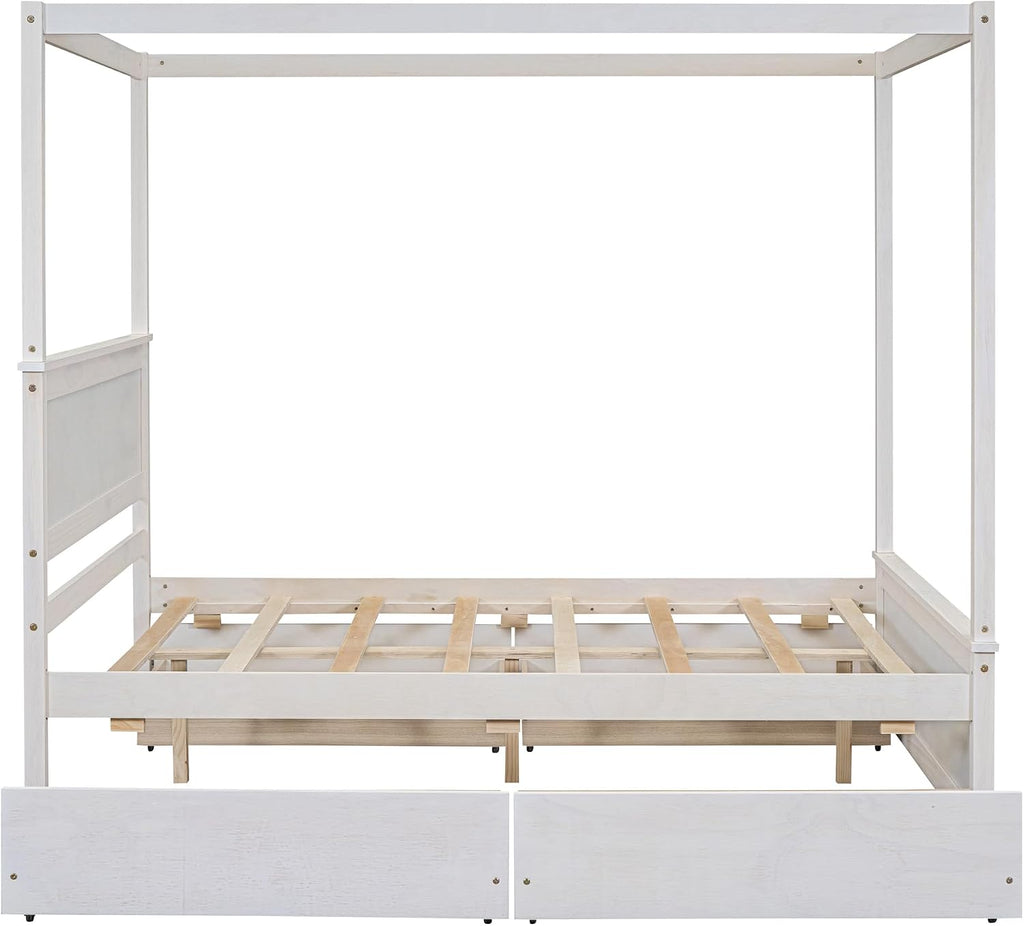Harper & Bright Designs Wood Canopy Bed with Four Drawers,Full Size Canopy Platform Bed with Support Slats .No Box Spring Needed, Brushed White