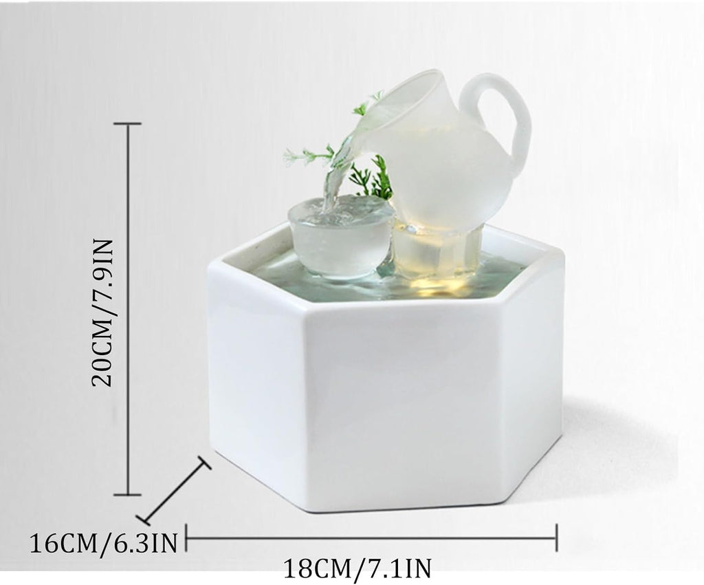 Creative Waterfall Fountain Indoor Office Tabletop Fountain Decor, Indoor Water Fountains White Ceramic Circulating Water Indoor waterfall with Warm White LED Light for Home Office Bedroom Relaxation.