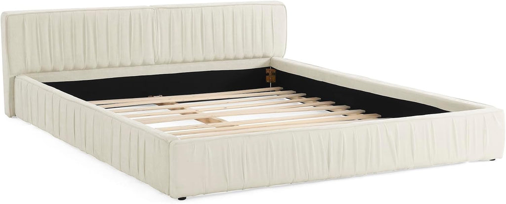 Ball & Cast Queen Size Low Bed Frame,Chenille Upholstered Platform Bed with Pleated Design Headboard,Grounded Floor Bed with Wood Slat Support,No Box Spring Needed,Beige