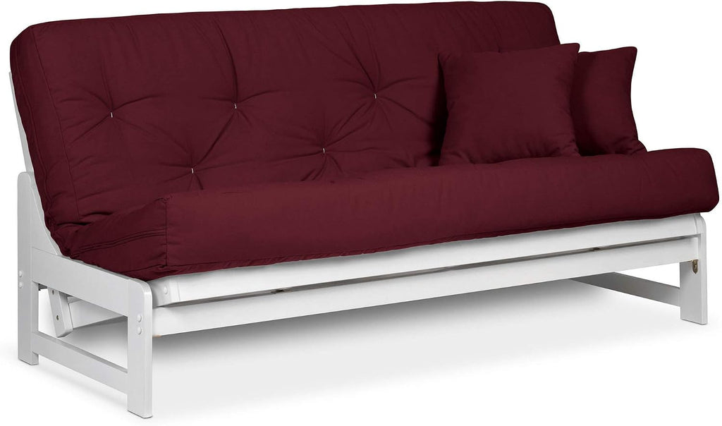 Nirvana Futons Arden White Futon Set Queen Size - Armless Futon Frame with Mattress Included (Twill Burgundy), Space Saving Modern Sofa Bed Sleeper