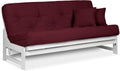 Nirvana Futons Arden White Futon Set Queen Size - Armless Futon Frame with Mattress Included (Twill Burgundy), Space Saving Modern Sofa Bed Sleeper