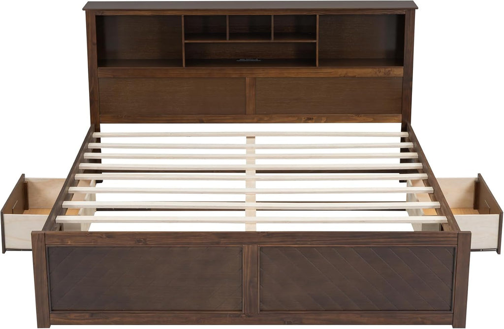 VilroCaz Wood King Size Platform Bed with Storage Headboard and USB Port, Modern Platform Bed Captain's Bed Frame with 2 Drawers, Sturdy Slats Support, Maximize Space (Antique Wood-M4)